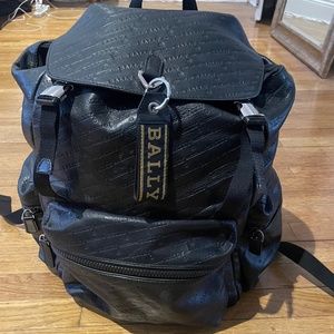 Bally CREW Logo Embossed, Animal Print Straps, Black Leather Backpack